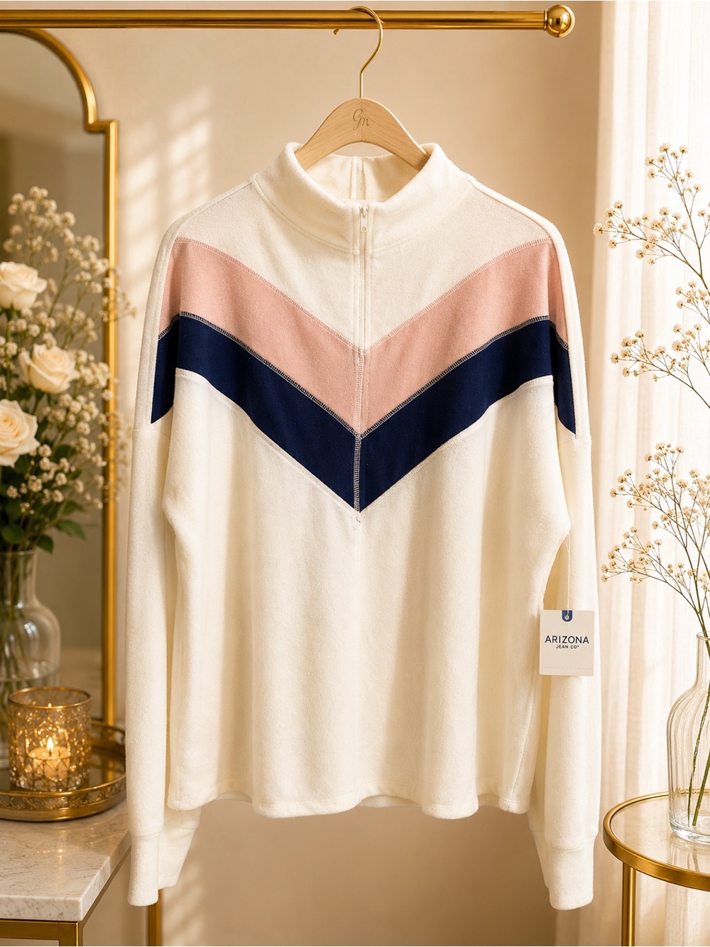 Arizona Jean Co White Chevron Colorblock Mock Neck Sweater NWT Size M